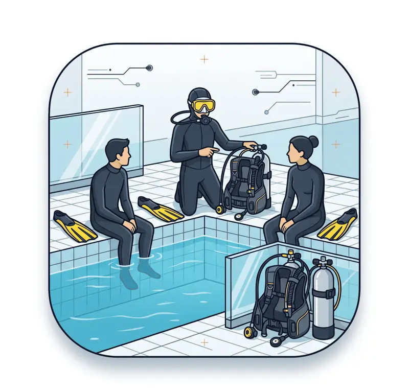 Istruttore che istruisce due allievi a bordo piscina con l’attrezzatura