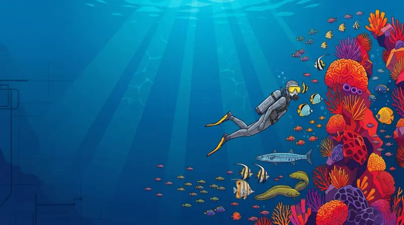 Subacqueo in immersione accanto a coralli colorati